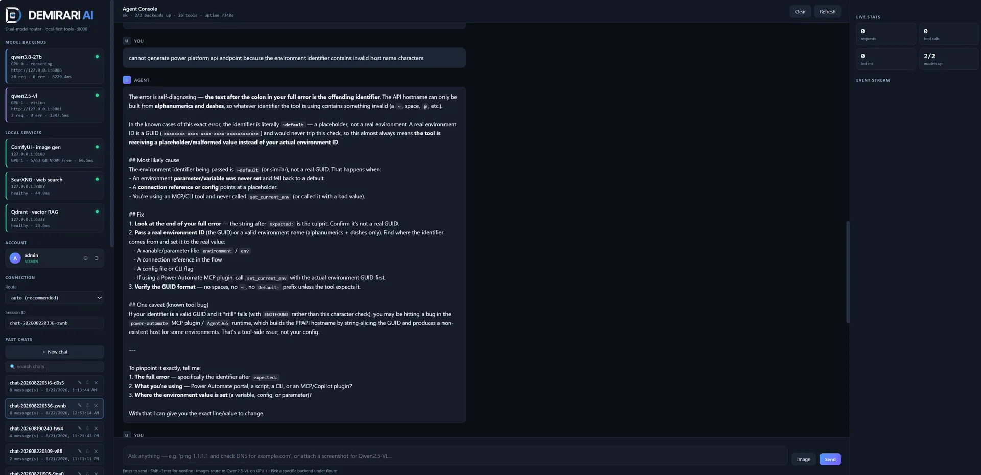 Demirari Agent Console troubleshooting a Power Platform API error